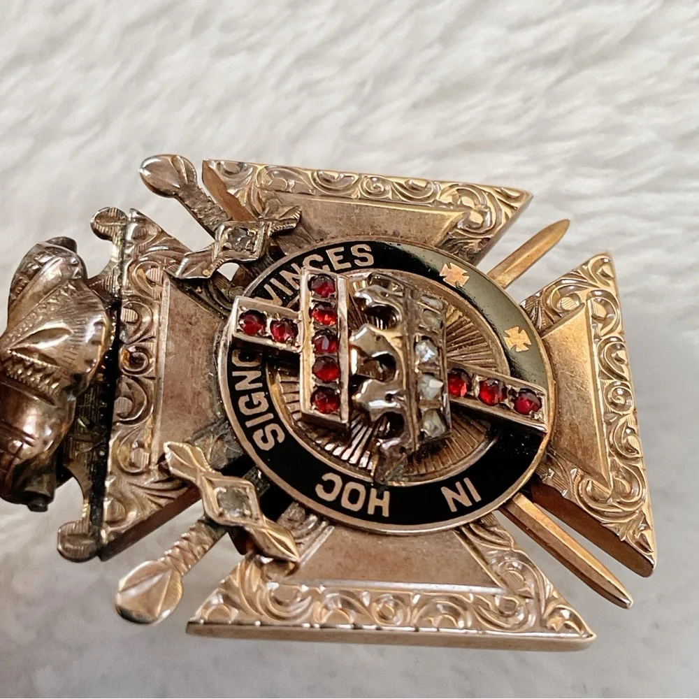 Antique 10K Gold Knights Templar Jeweled Pendant – Garnet Diamond Cross Masonic